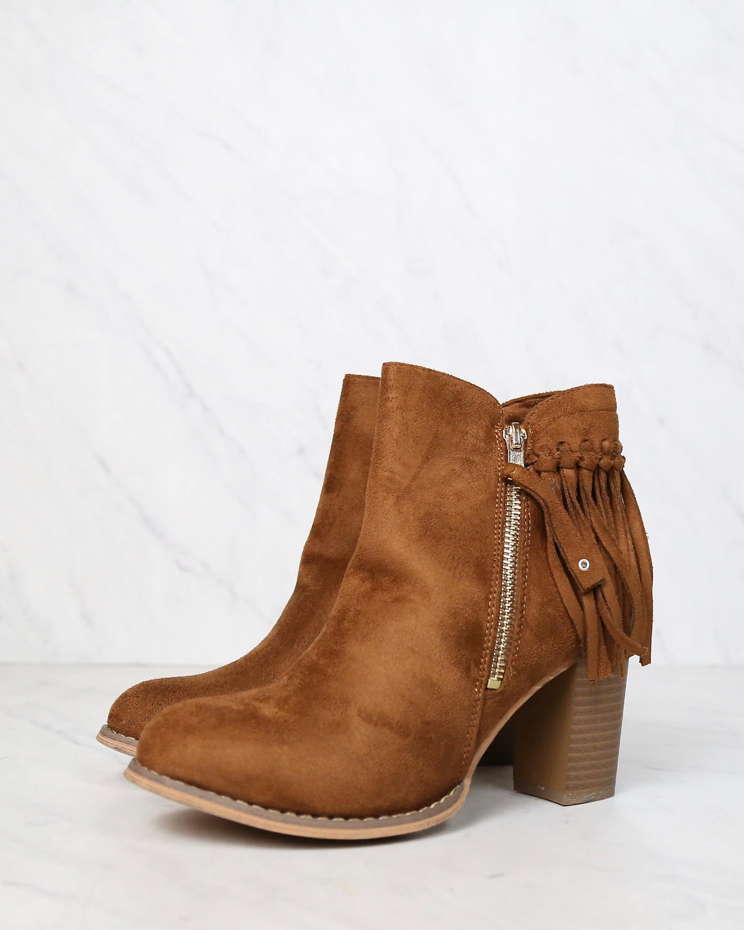 City Chic Fringe Vegan Suede Ankle Boots in Camel