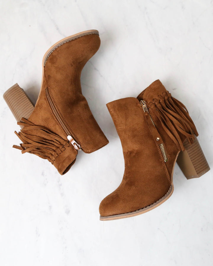 City Chic Fringe Vegan Suede Ankle Boots in Camel