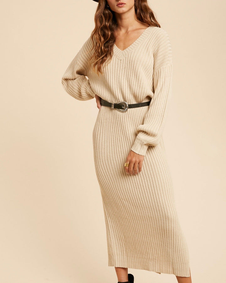 Valerie V-Neck Sweater Maxi Dress in Oatmeal