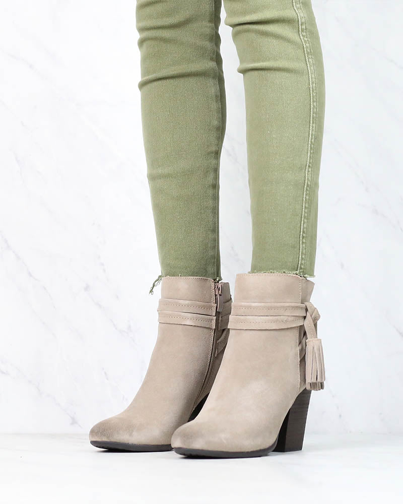 Very Volatile - Enchanted Tassel Detail Suede Leather Ankle Booties in Taupe