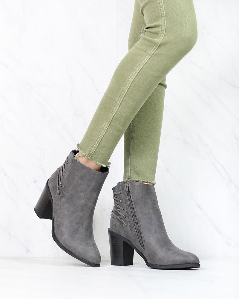 Very Volatile - Lacey Lace Up Back Booties in Charcoal