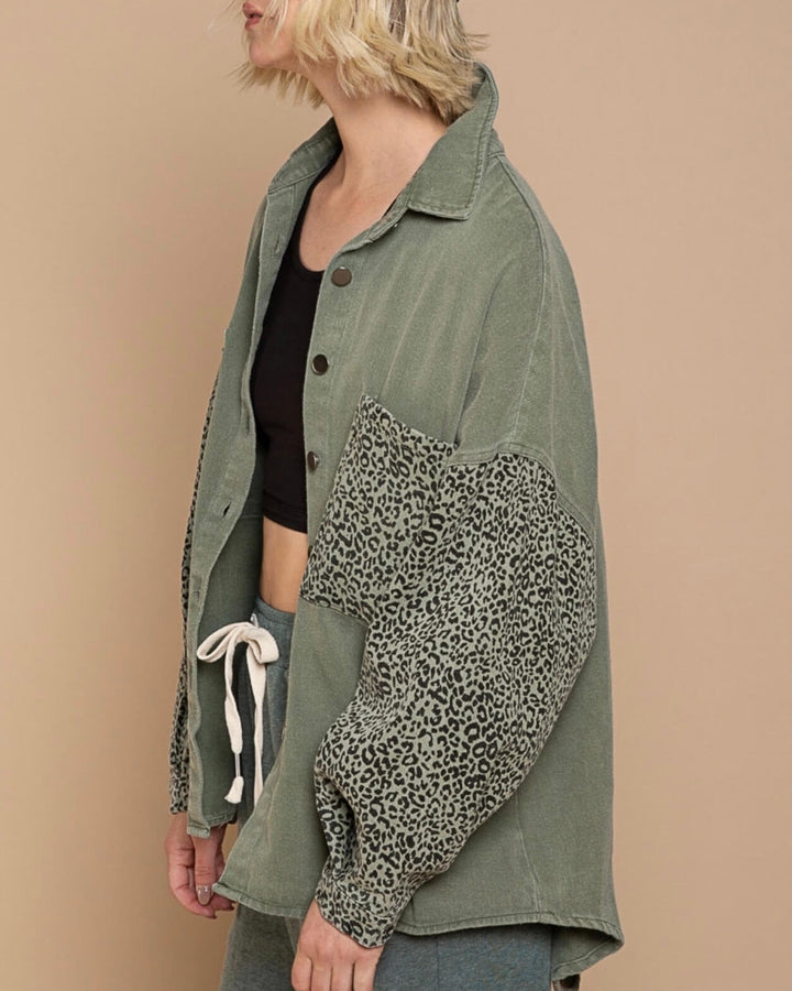 Vintage Style Hi-Low Distressed Leopard Denim Shirt Jacket/Shacket in Olive