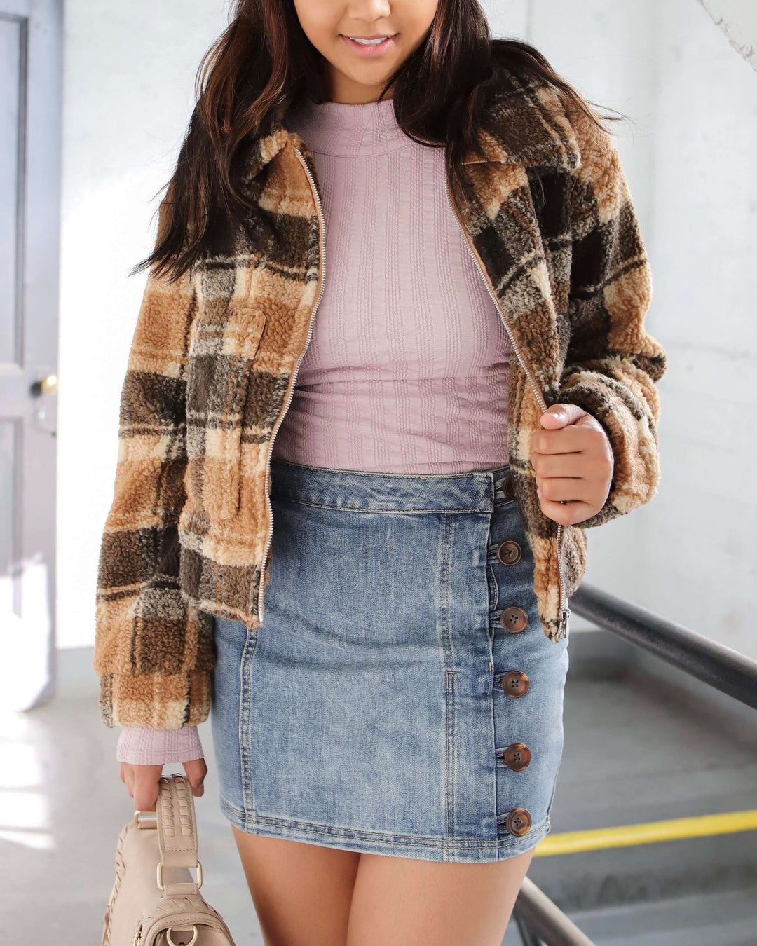 Vintage Plaid Cropped Sherpa Jacket