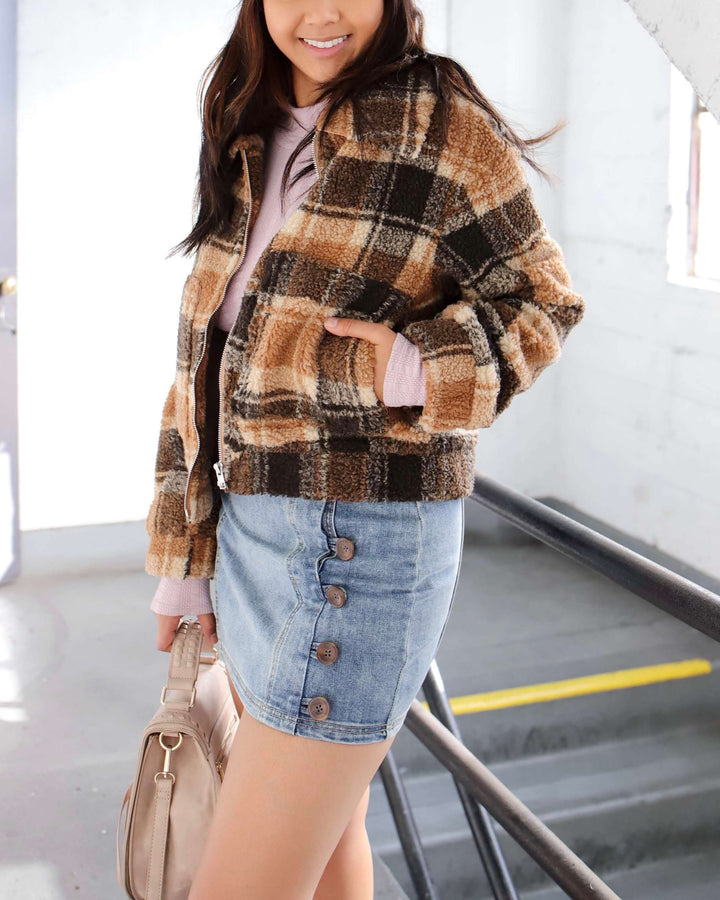 Vintage Plaid Cropped Sherpa Jacket