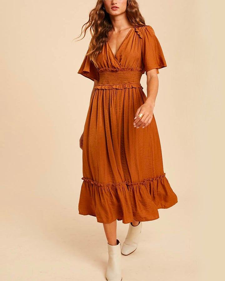 Whitney Washed Satin Ruffled Smocked Bodice Midi Dress in Dusty Camel