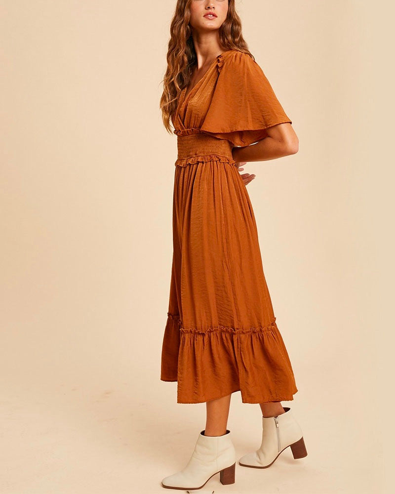 Whitney Washed Satin Ruffled Smocked Bodice Midi Dress in Dusty Camel