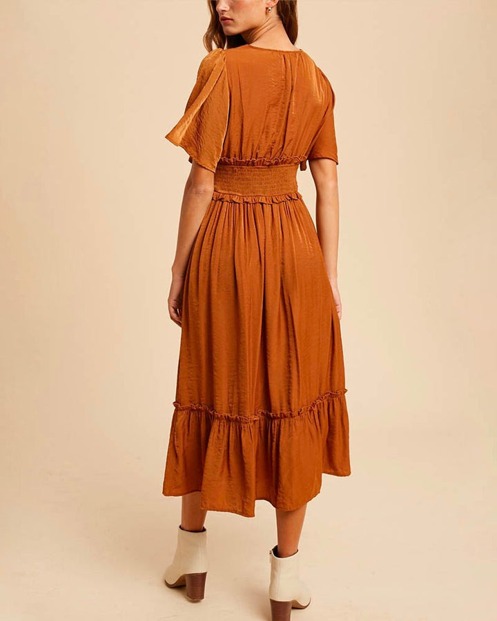 Whitney Washed Satin Ruffled Smocked Bodice Midi Dress in Dusty Camel