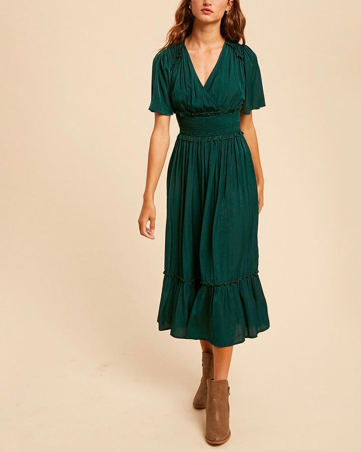 Whitney Washed Satin Ruffled Smocked Bodice Midi Dress in Hunter Green