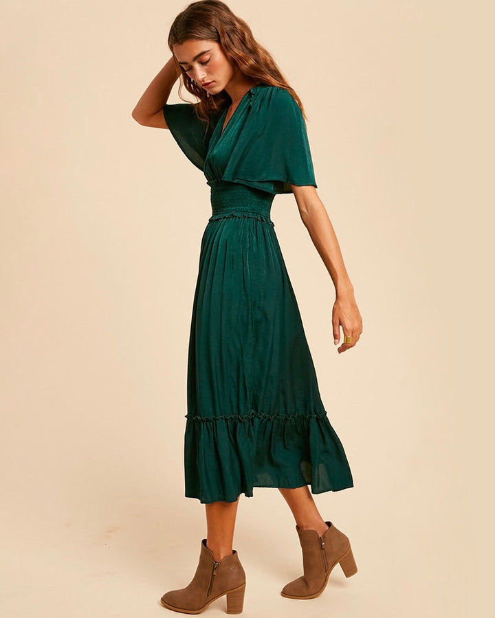 Whitney Washed Satin Ruffled Smocked Bodice Midi Dress in Hunter Green