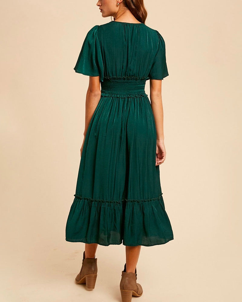 Whitney Washed Satin Ruffled Smocked Bodice Midi Dress in Hunter Green