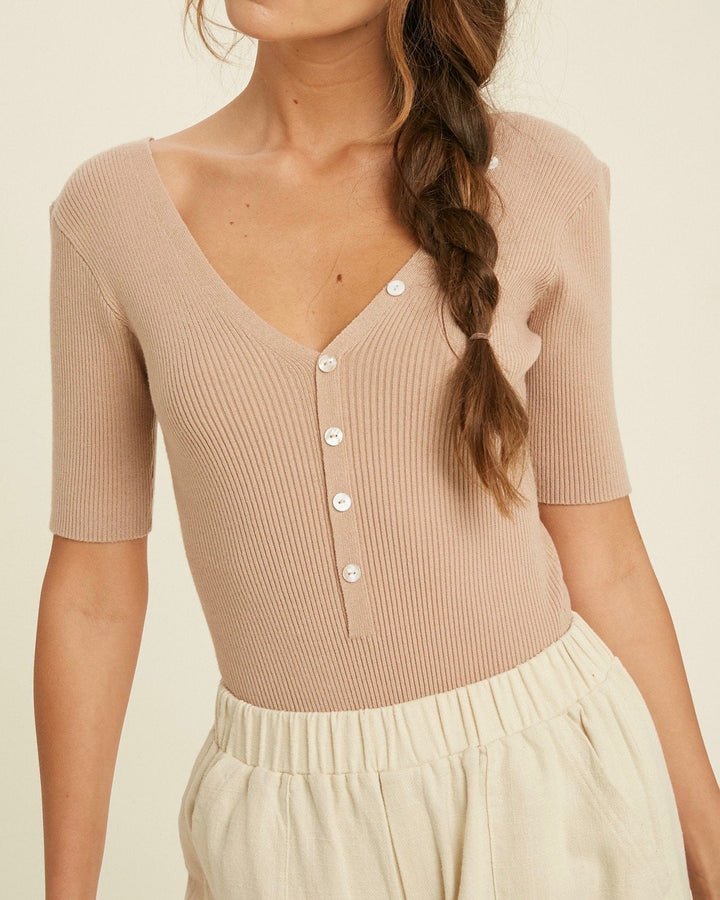 bodysuit - ribbed - button down - knit - snap buttons - versatile - basics - v neck - half sleeve - taupe