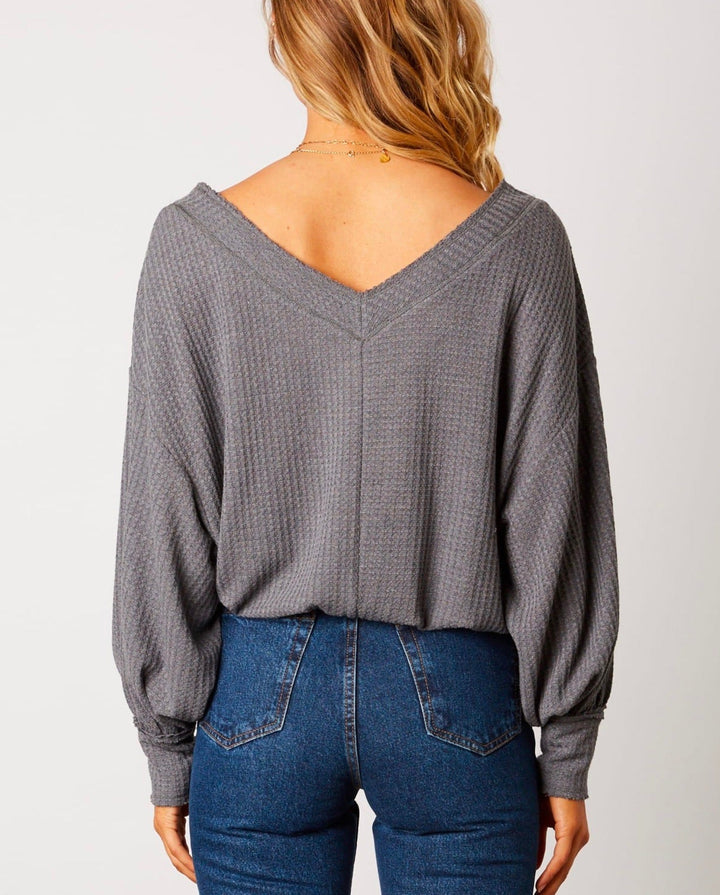 Waffle Knit Thermal V Neck Top with Cuffed Sleeves - More Colors