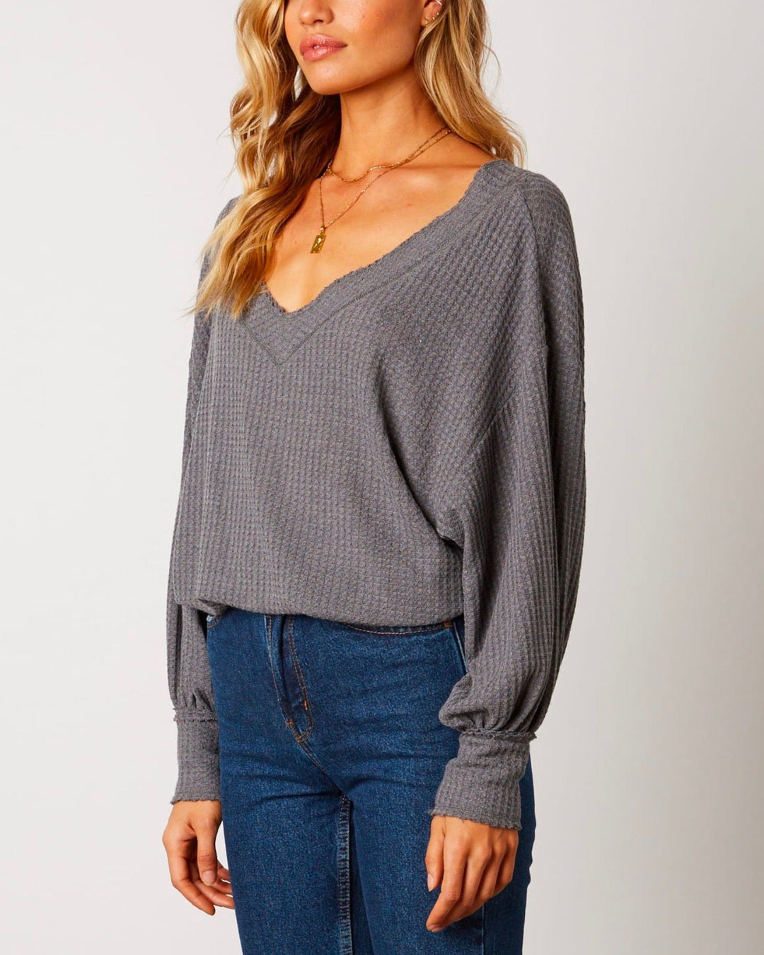 Waffle Knit Thermal V Neck Top with Cuffed Sleeves - More Colors