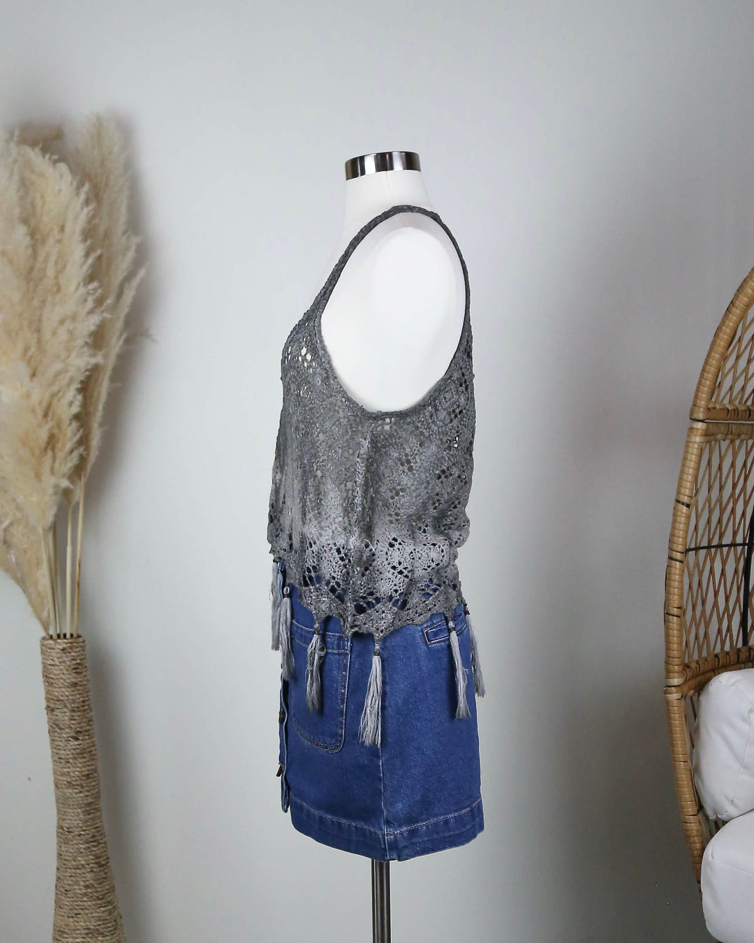 West Coast Crochet Tank with Tassels in Brown/Grey