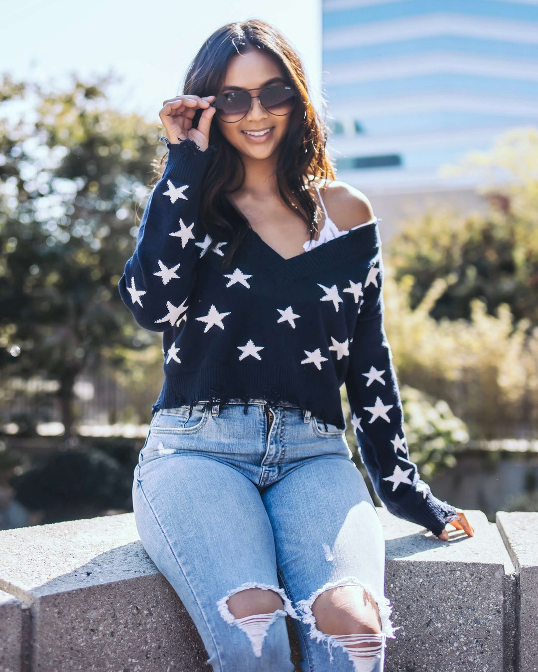 Wild Honey - Distressed Star Knit Sweater - More Colors