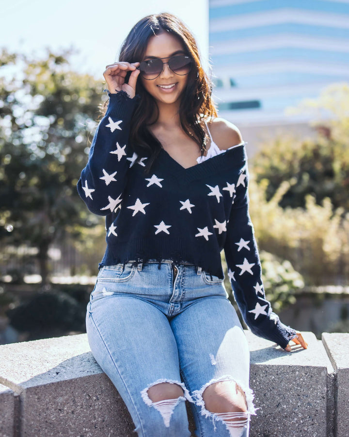 Wild Honey - Distressed Star Knit Sweater - More Colors