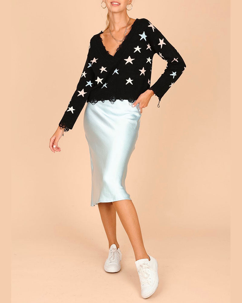 Wild Honey - Distressed Star Knit Sweater - More Colors