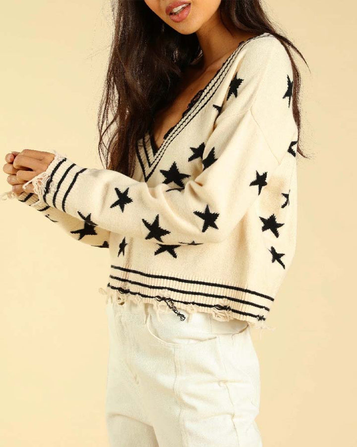 Wild Honey - Distressed V-Neck Star Knit Sweater - More Colors
