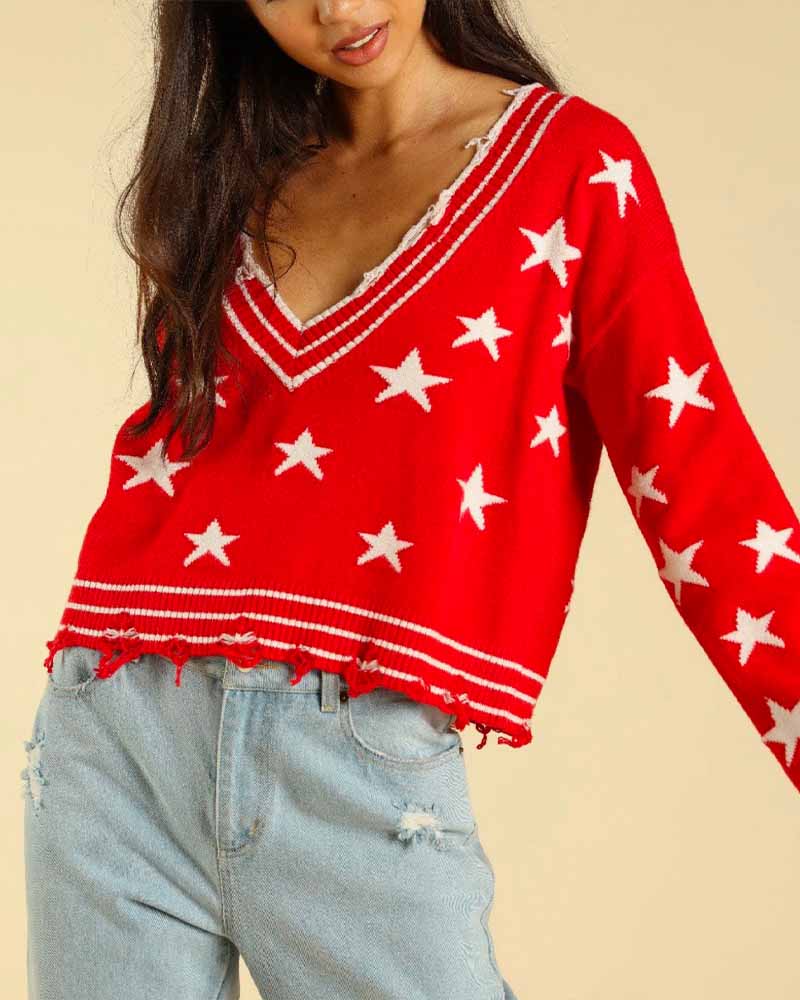 Wild Honey - Distressed V-Neck Star Knit Sweater - More Colors