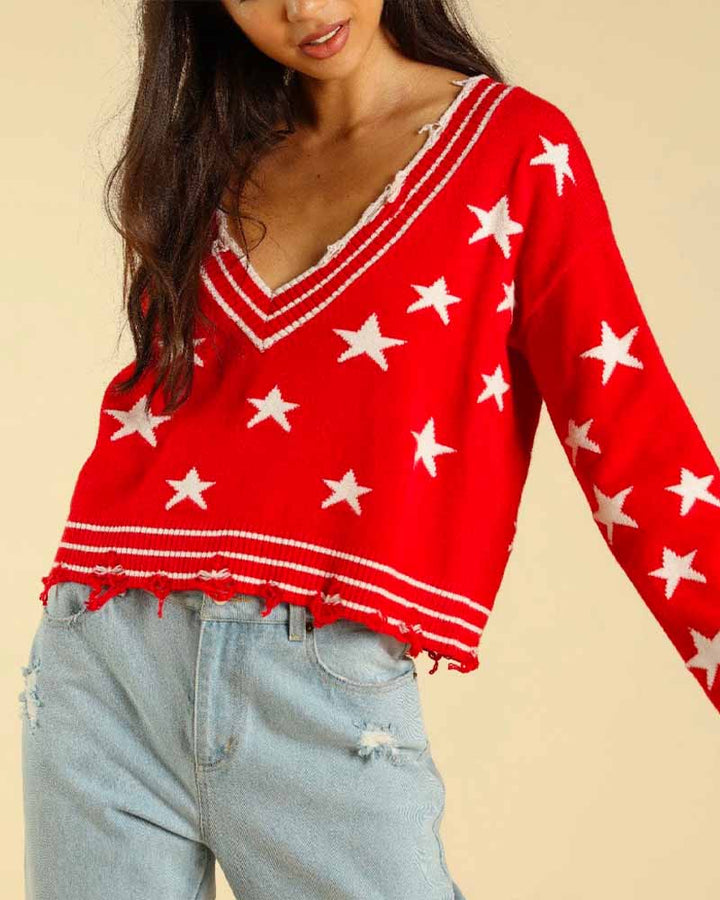 Wild Honey - Distressed V-Neck Star Knit Sweater - More Colors