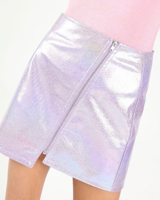 FINAL SALE - Wild Honey - Iridescent PU asymmetrical zip skirt in Holographic Purple