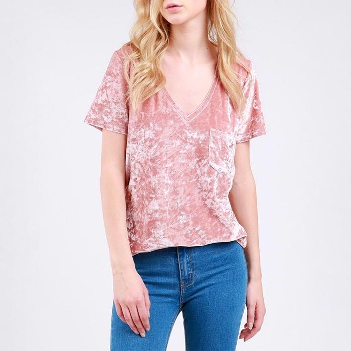 Jessica Crushed Velvet Basic Short Sleeve Deep V-Neck Tee in More Colors