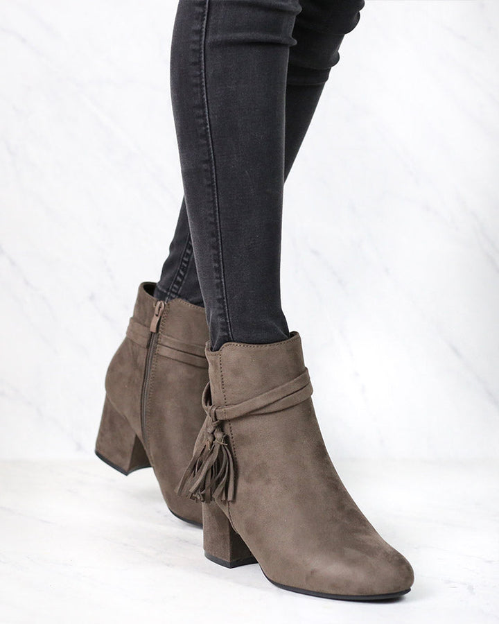 Zira Faux Suede Ankle Booties with Tassel in Mocha