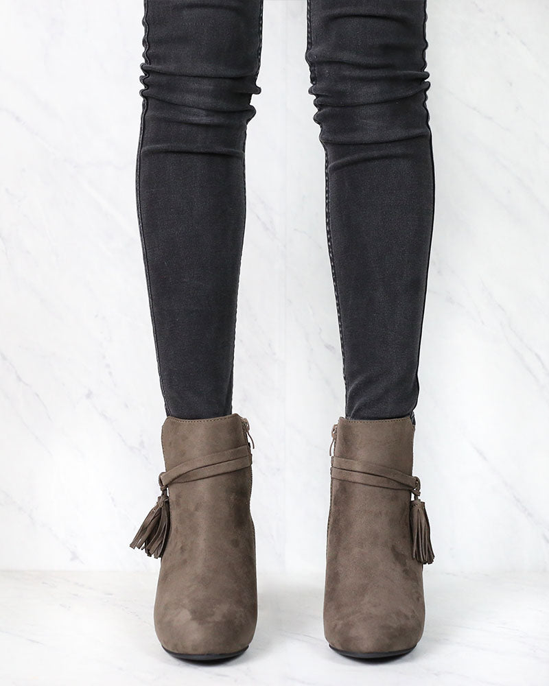 Zira Faux Suede Ankle Booties with Tassel in Mocha