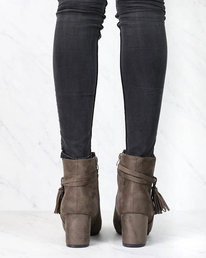 Zira Faux Suede Ankle Booties with Tassel in Mocha