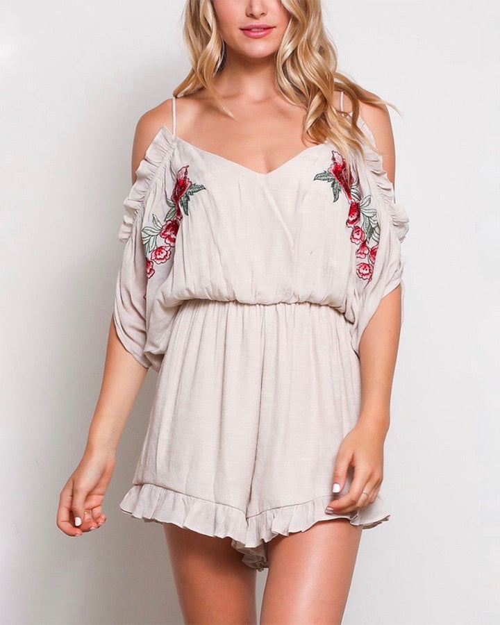 Final Sale - Cold Shoulder Ruffle Hem Embroidered Romper - More Colors