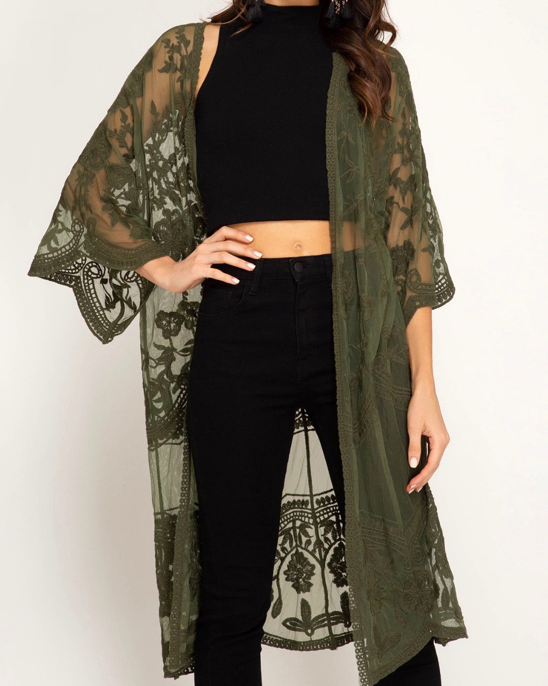half sleeve - crochet - lace - midi - duster - cardigan - floral - boho - bohemian - beach cover up - olive