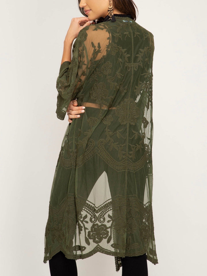 anabelle - crochet lace midi duster kimono cardigan - OLIVE
