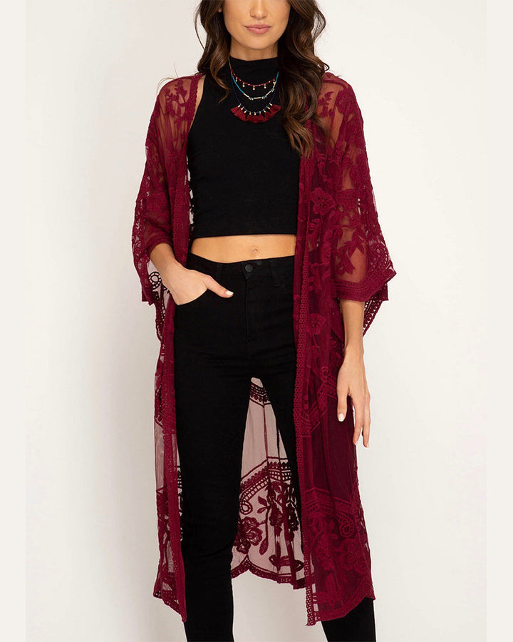 half sleeve - crochet - lace - midi - duster - cardigan - floral - boho - bohemian - beach cover up - wine