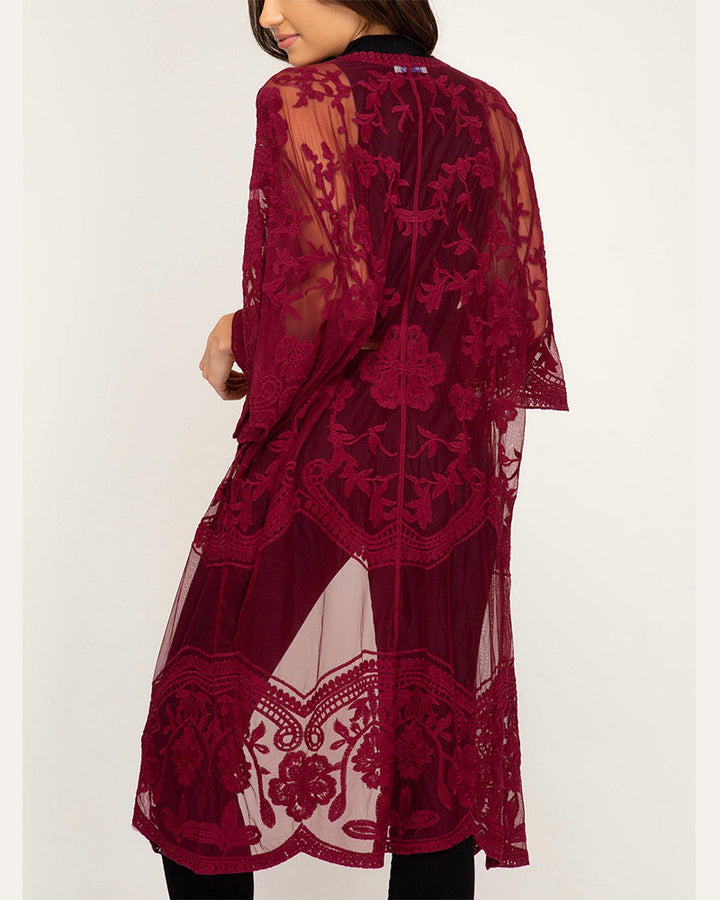 anabelle - crochet lace midi duster kimono cardigan - WINE