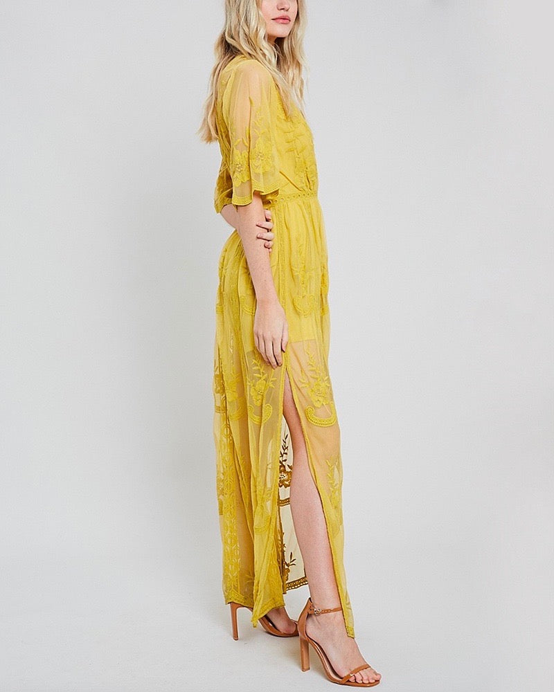 as you wish embroidered lace maxi dress (women) - mustard