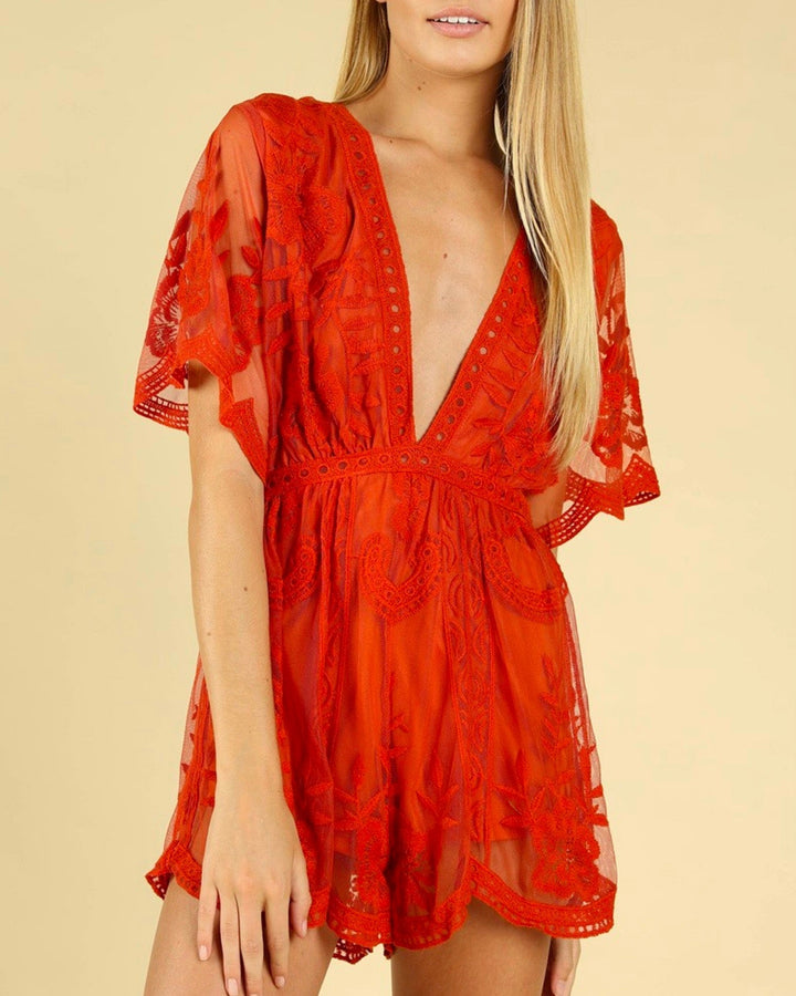 as you wish wild honey honey punch SHORT SLEEVE EMBROIDERED DEEP V LACE ROMPER RUST