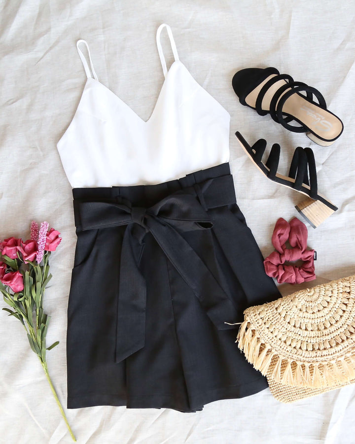 Final Sale - Back on my Feet Paper Bag Waist Romper - Black