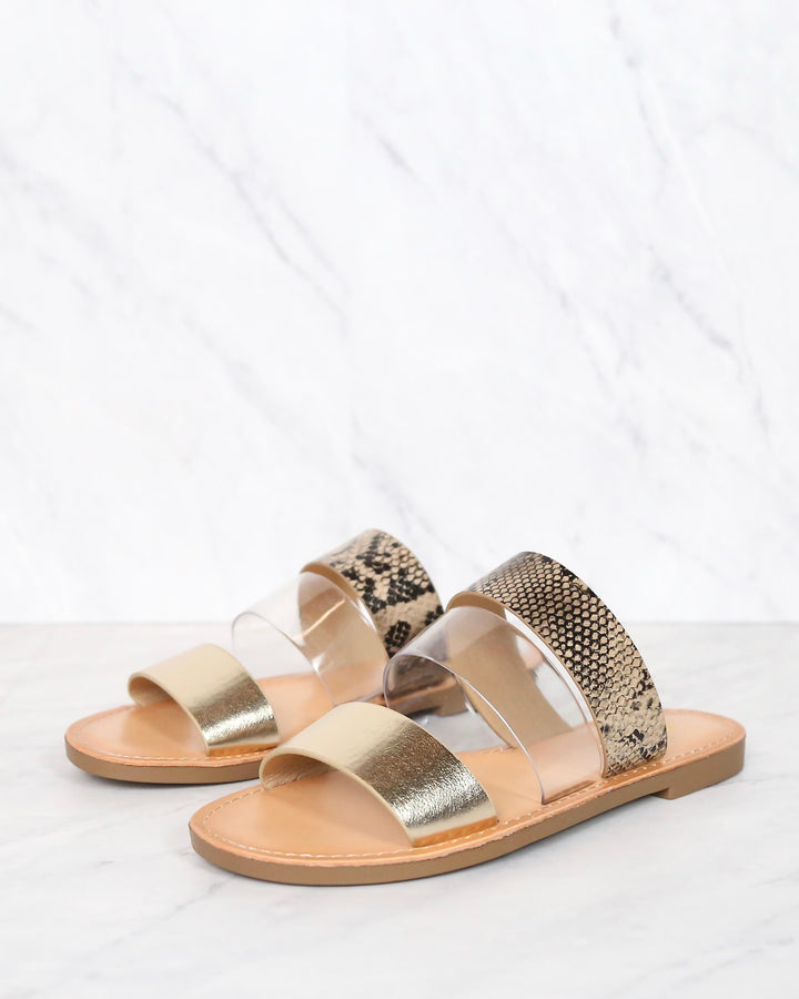 Gold Python Three Band Slip On Sandals