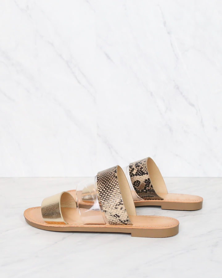 Gold Python Three Band Slip On Sandals