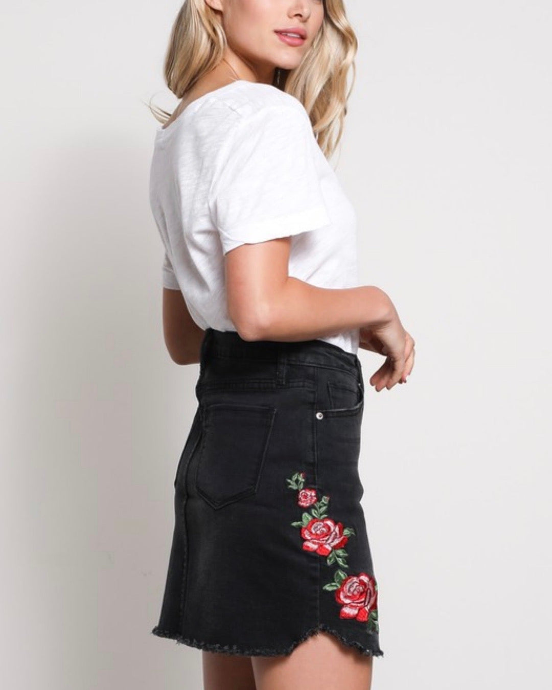 Embroidered Denim Skirt in Black