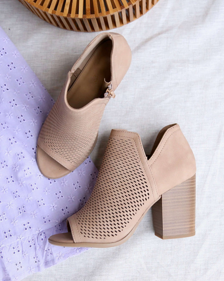 Niki Natural Perforated Open Toe Heeled Ankle Booties
