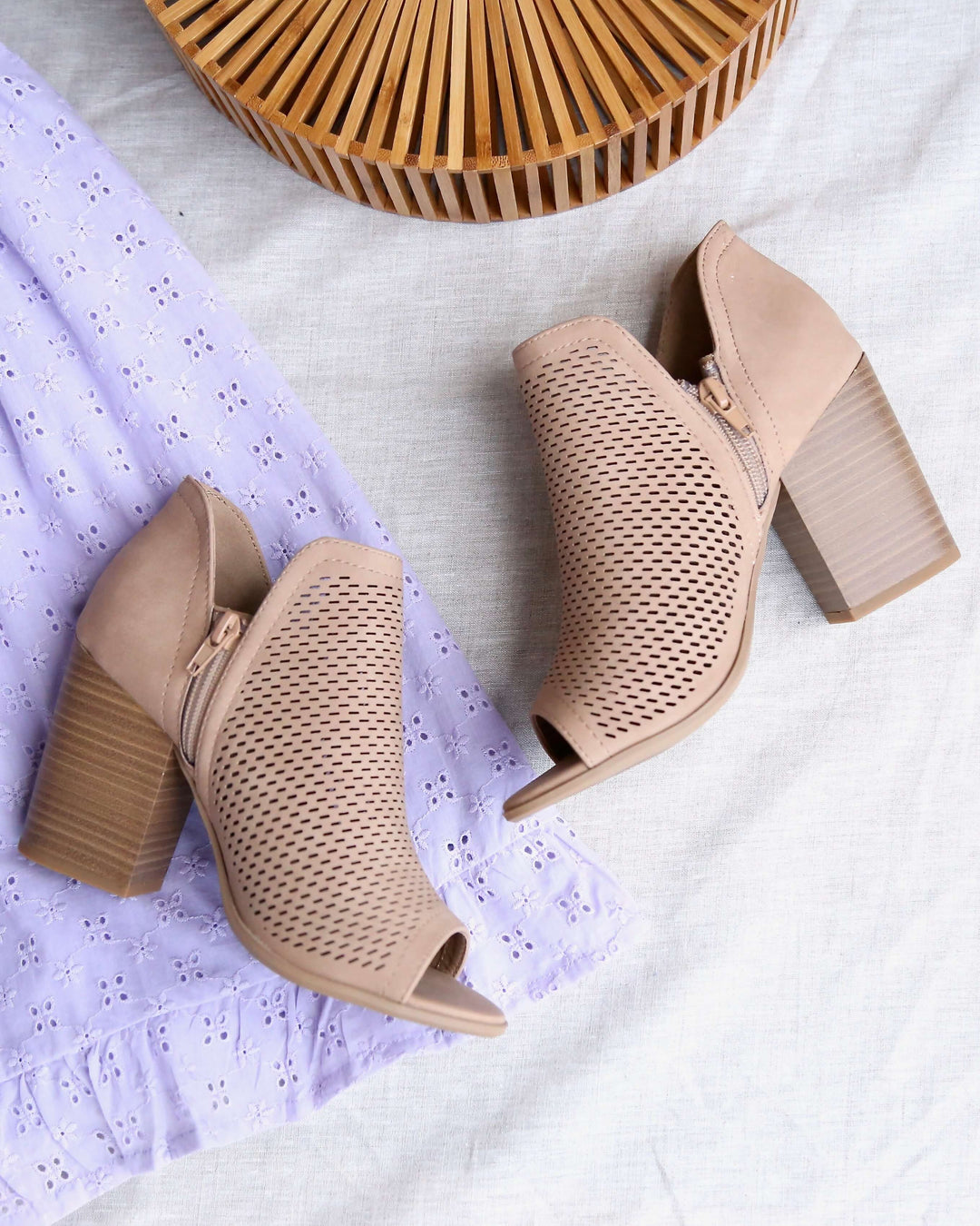 Niki Natural Perforated Open Toe Heeled Ankle Booties