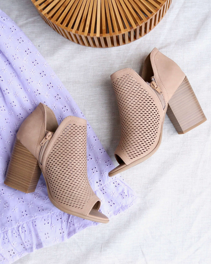 Niki Natural Perforated Open Toe Heeled Ankle Booties