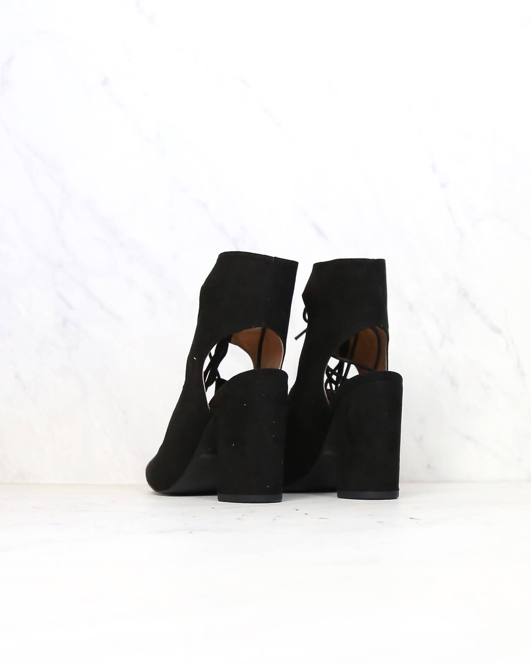 Suede Lace Up Heel Sandals in Black