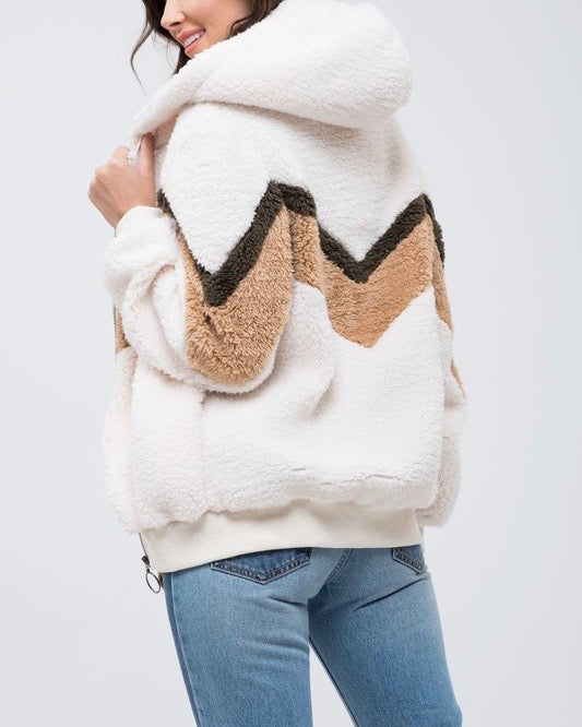chevron sherpa puffy zip up jacket - CREAM