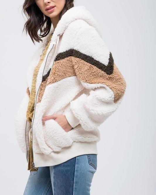 chevron sherpa puffy zip up jacket - CREAM