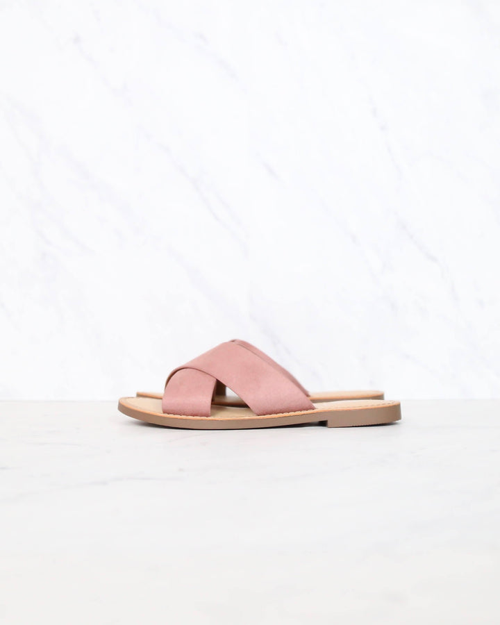 Coco Criss Cross Faux Suede Slip On Flat Sandals in Dusty Mauve