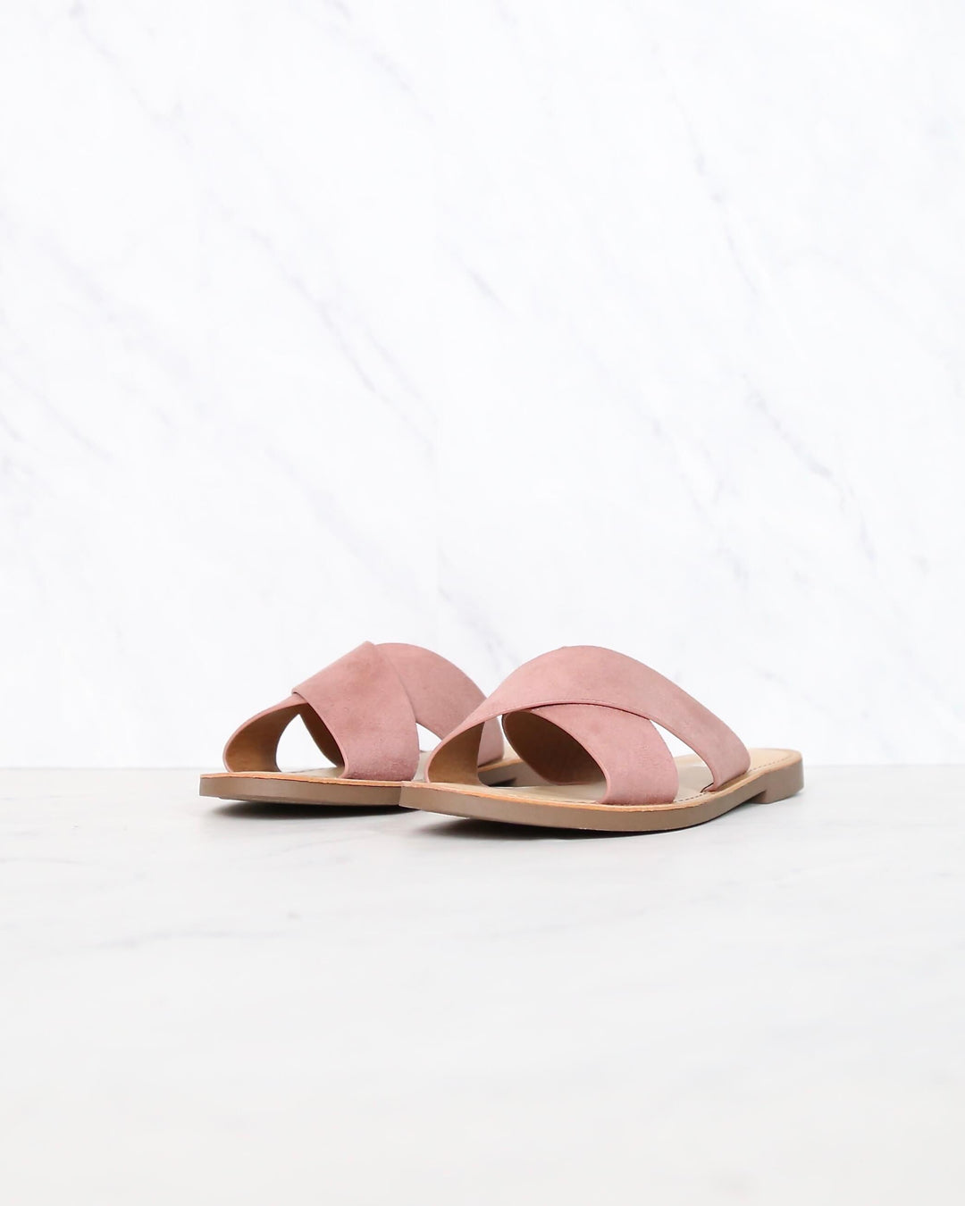 Coco Criss Cross Faux Suede Slip On Flat Sandals in Dusty Mauve