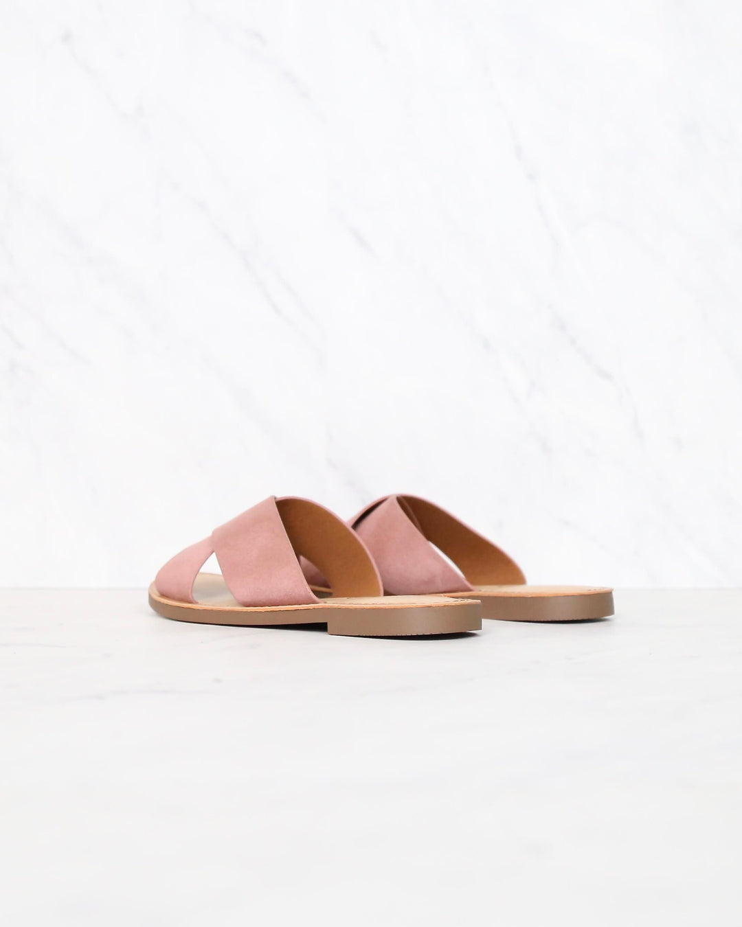 Coco Criss Cross Faux Suede Slip On Flat Sandals in Dusty Mauve