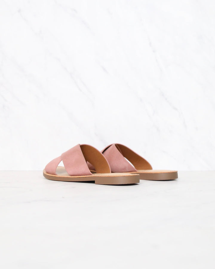 Coco Criss Cross Faux Suede Slip On Flat Sandals in Dusty Mauve